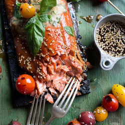 Cedar Plank Grilled Sesame Salmon With Kimchi Miso Butter And Grilled Tomatoes.