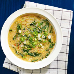 Hearty Vegan Polenta And Kale Soup With Miso And Toasted Sesame Oil