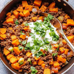 Southwest Ground Beef And Sweet Potato Skillet Delight!