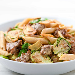 Italian Sausage Pasta With Brussels Sprouts With Crispy Garlic Chips