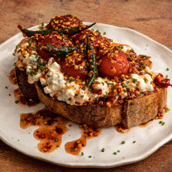 Hot Honey Cured Egg Yolks With Chive Cottage Cheese On Toasted Sourdough