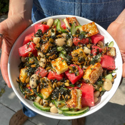 Sizzling Sesame Halloumi, Watermelon + Butter Bean Salad