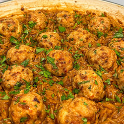 French Onion Chicken Meatballs With Cheesy Orzo