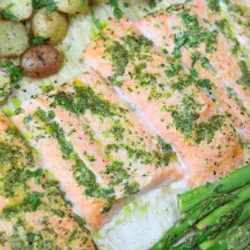 One Pan Salmon And Veggies With Cilantro Garlic Citrus Butter