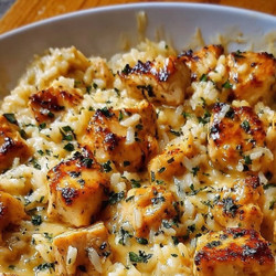 Creamy Garlic Chicken And Cheesy Rice Skillet Delight