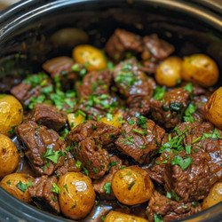 Slow Cooker Balsamic Garlic Beef Bites &amp; New Potatoes