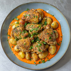 Crispy Za'atar Chicken Thighs With Roast Potatoes And Romesco Sauce