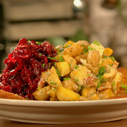 Pork Schnitzel With Mustard Potatoes And Braised Red Cabbage
