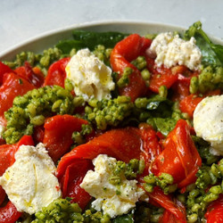 Roast romano peppers, spinach pesto, barley &amp; ricotta