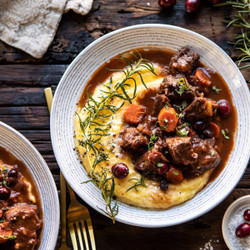 Cranberry Cider Braised Beef Stew With Rosemary Polenta.