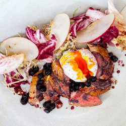 Salad Of Wood Pigeon With Soft Poached Eggs And Damsons
