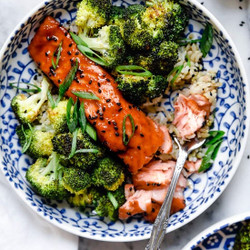 Maple Soy Glaze Baked Salmon with Roasted Broccoli and White Rice