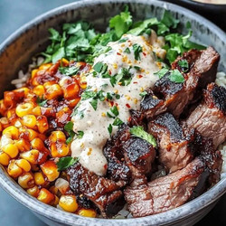Korean Bbq Beef Bowls With Charred Corn &amp; Creamy Garlic Sauce