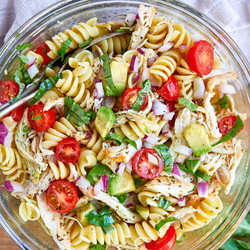 Healthy Chicken Pasta Salad With Avocado, Tomato, And Basil