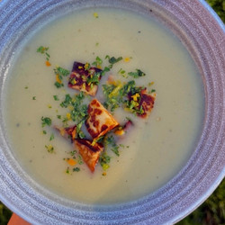 Potato Fennel Soup with Halloumi Croutons &amp; Citrus Gremolata