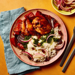 Spiced Honey Chicken Thigh With Green Harissa, Yoghurt And Rice