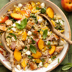 Peach &amp; Basil Chicken Orzo Salad With Hot Honey Vinaigrette