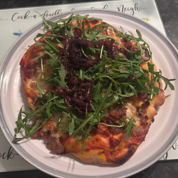 Sausage And Caramelised Red Onion Pizza With Mozzarella, Bell Pepper And Wild Rocket