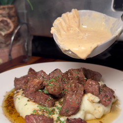 Garlic Butter Steak Bites With Homemade Garlic Mashed Potatoes And Southern Gravy