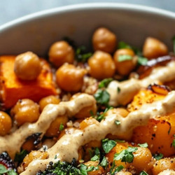 Roasted Vegetable And Chickpea Bowl With Maple Dijon Tahini Dressing