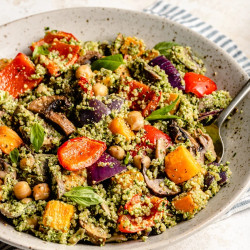 Roasted Veggie, Chickpea &amp; Pesto Quinoa Salad