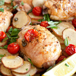 Sheet Pan Lemon Chicken With Potatoes, Tomatoes, And Capers