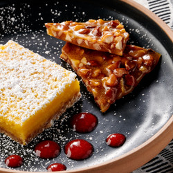 Liliko’i Bars And Strawberry Li Hing Mui Sauce With Macadamia Nut Brittle
