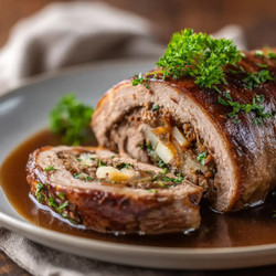 German Rouladen Tender Beef Rolls Stuffed With Onions, Mustard &amp; Pickles, Simmered In Rich Gravy