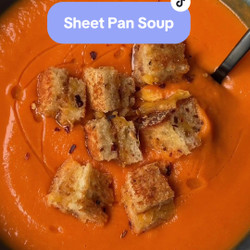 Sheet Pan Roasted Red Pepper Soup With Grilled Cheese Croutons