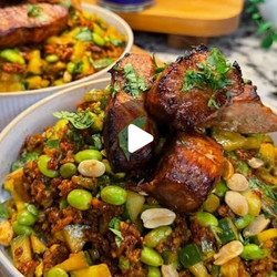 Chili Peanut Crispy Rice Salad With Honey Soy Salmon Bites