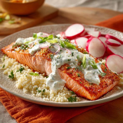 Spiced Crusted Salmon With Herbed Yogurt Sauce And Couscous