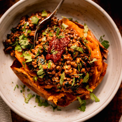 Harissa Coconut Lentils With Kale &amp; Roasted Sweet Potatoes