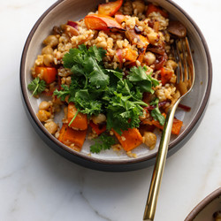 Kabocha Squash Bowl With Golden Raisin &amp; Kalamata Olive Dressing