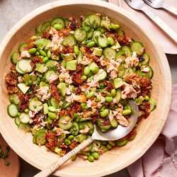 Crispy Rice Salmon Cucumber Salad With Creamy Asian Dressing