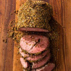 Sous Vide Rosemary–mustard Seed Crusted Roast Beef And Yogurt Herb Sauce