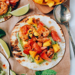Shrimp Tacos W/ Grilled Mango &amp; Mint Guacamole