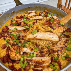 One Pan Bacon Cheddar Creamy Chicken Orzo