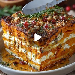 Layered Sweet Potato &amp; Butternut Squash Lasagna With Feta, Walnuts &amp; Cranberry-honey Glaze