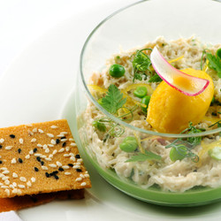 Sweet Pea Panna Cotta With Crab And Cicely, Mango And Dashi Sorbet, Brown Crab Toast