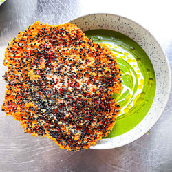 Broccoli Cheddar Soup With Cheddar Sesame Cracker