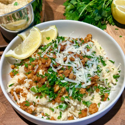 Cauliflower Cashew Alfredo Pasta With Tempeh Bacon