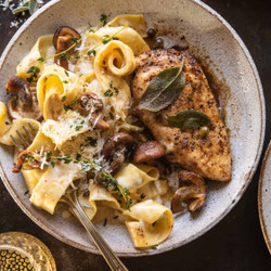 Browned Sage Butter Chicken Piccata With Mushroom Pasta.