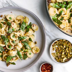 Orecchiette With Buttermilk, Peas, And Pistachios