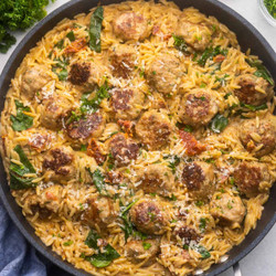 Tuscan Chicken Meatballs And Orzo