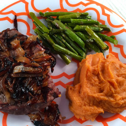 1-2-3 Eat! Grilled Steak With Smothered Onions, Asparagus, Mashed Sweet Potatoes