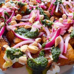 Roast Sweet Potatoes With Pickled Onions, Coriander And Goat's Cheese