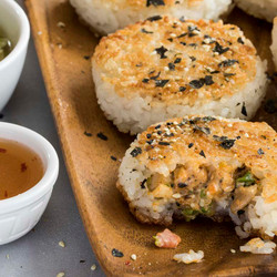 Sesame And 7 Spice Chicken Rice Balls With Quick Kimchi