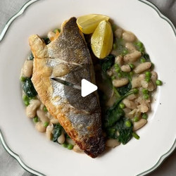 Pan Fried Seabass On Lemony Beans With Peas And Spinach