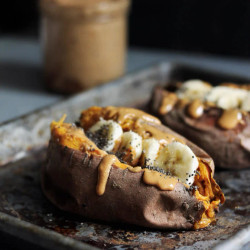 Breakfast Baked Sweet Potatoes With Almond Butter, Banana &amp; Chia
