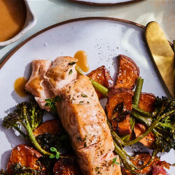 Honey Dijon Salmon With Sweet Potatoes And Broccolini